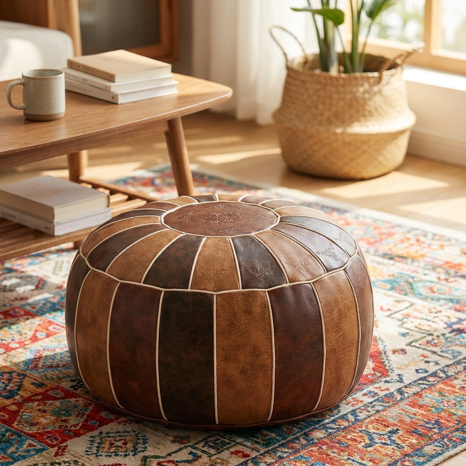 Pouf marocain brun près d'une table basse en bois dans un salon lumineux