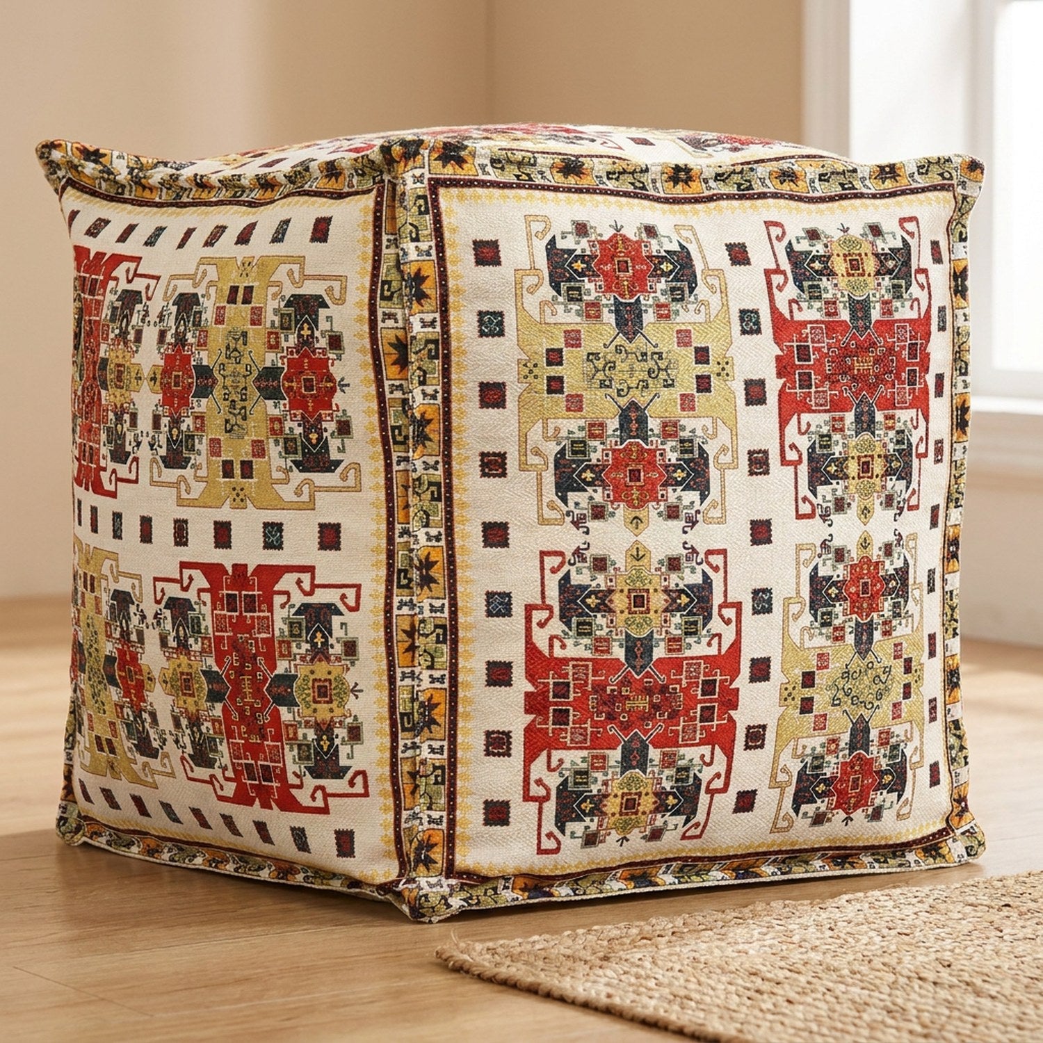 Pouf marocain housse écru et rouge à motifs aztèques vu de trois quarts