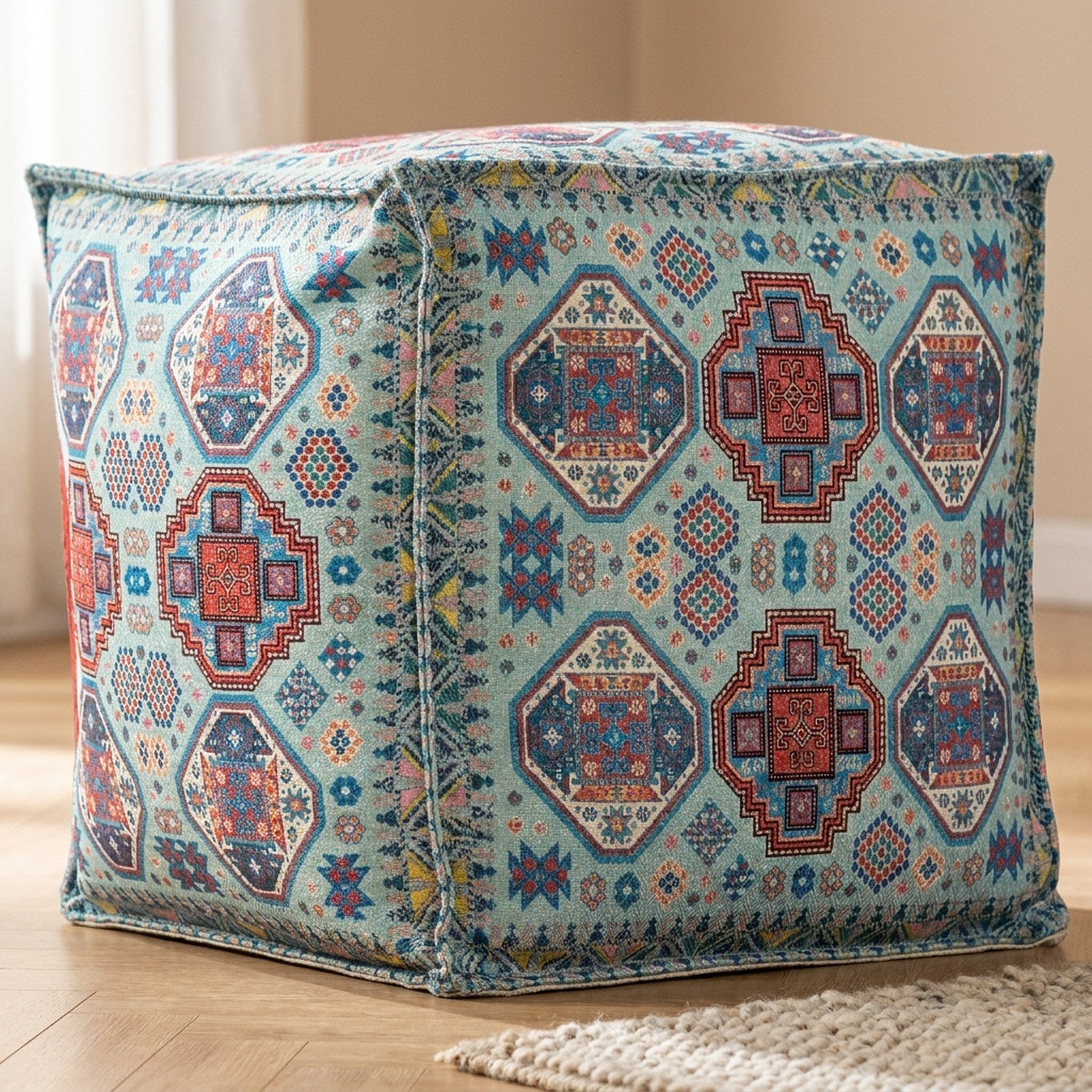 Pouf marocain housse turquoise à motifs aztèques vu de trois quarts