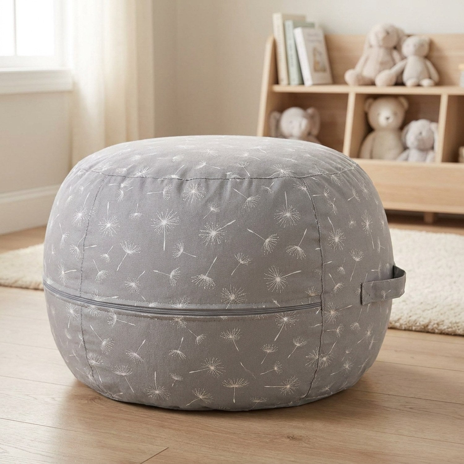 Pouf de rangement jouets gris à motif pissenlit