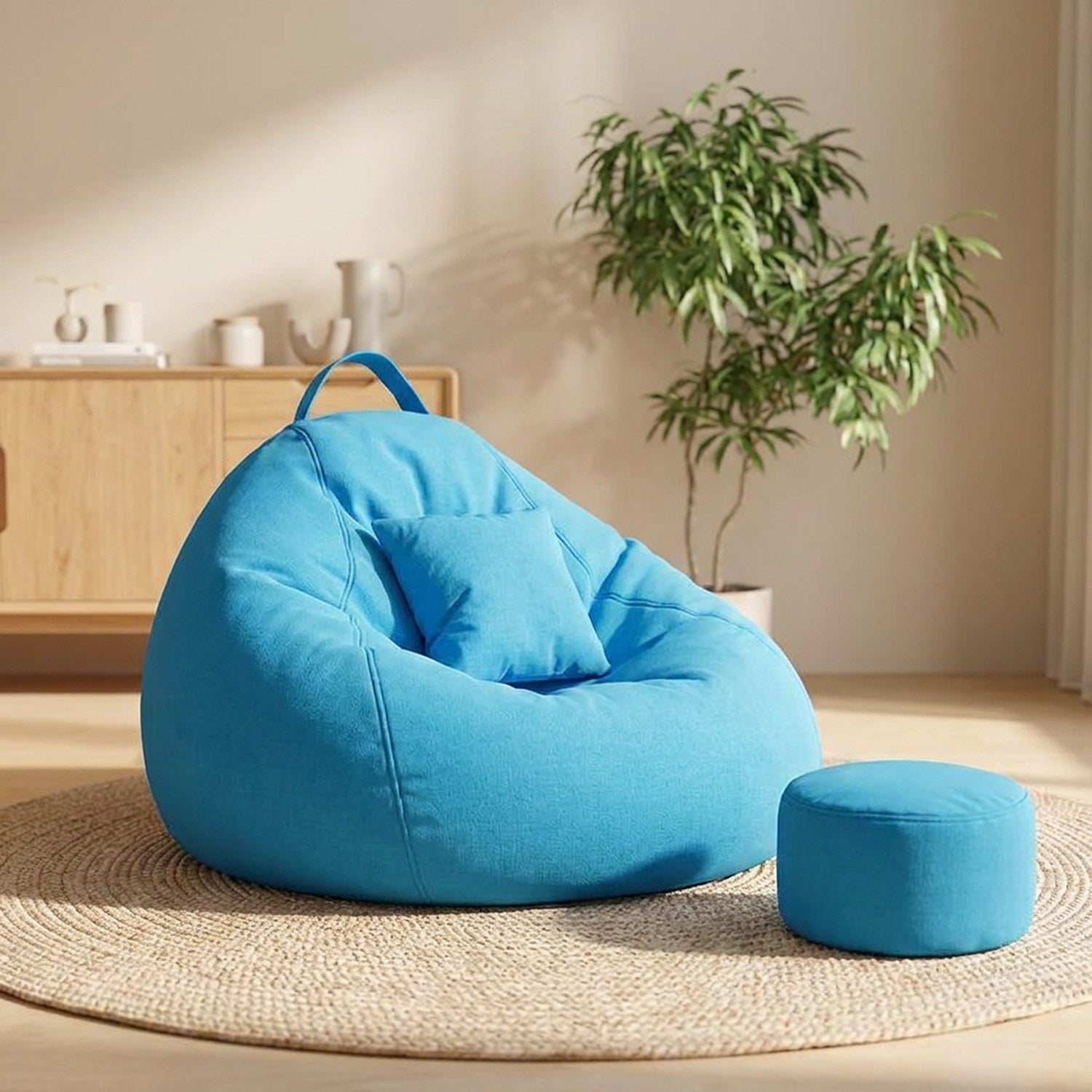 Pouf géant fauteuil poire bleu avec repose-pieds et coussin assortis