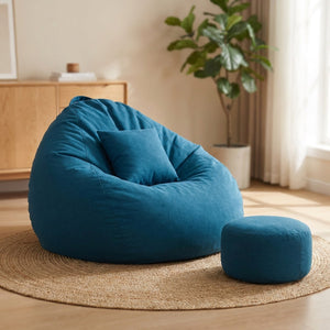 Pouf géant fauteuil poire bleu foncé avec repose-pieds et coussin assortis