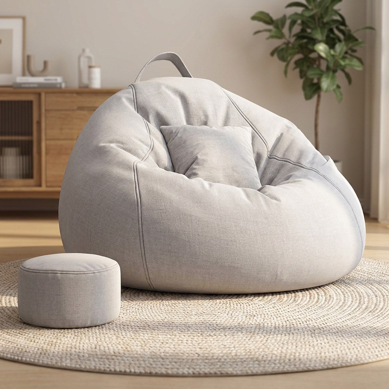 Pouf géant fauteuil poire gris clair avec repose-pieds et coussin assortis