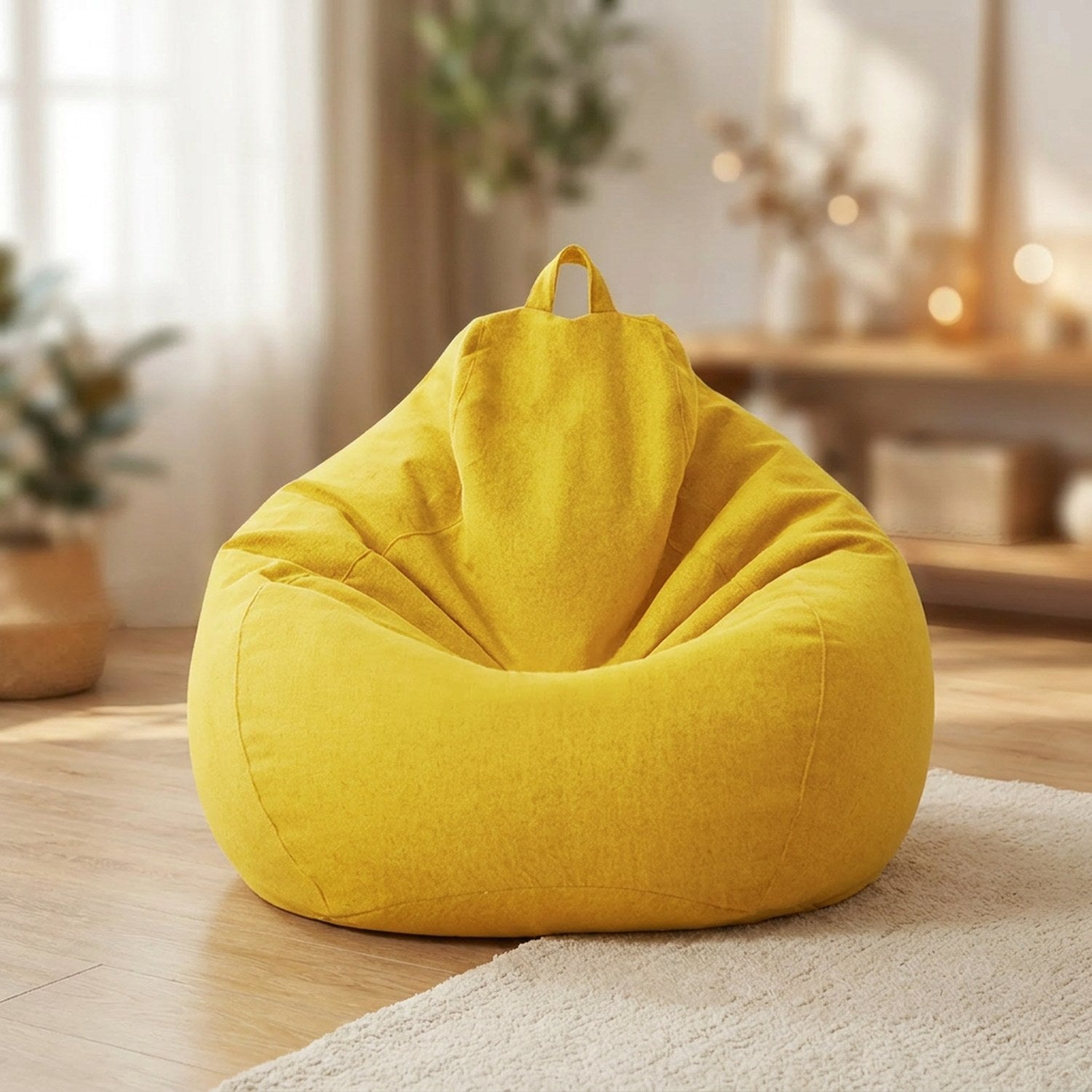 Pouf poire en coton lin jaune posé au sol dans un intérieur cosy