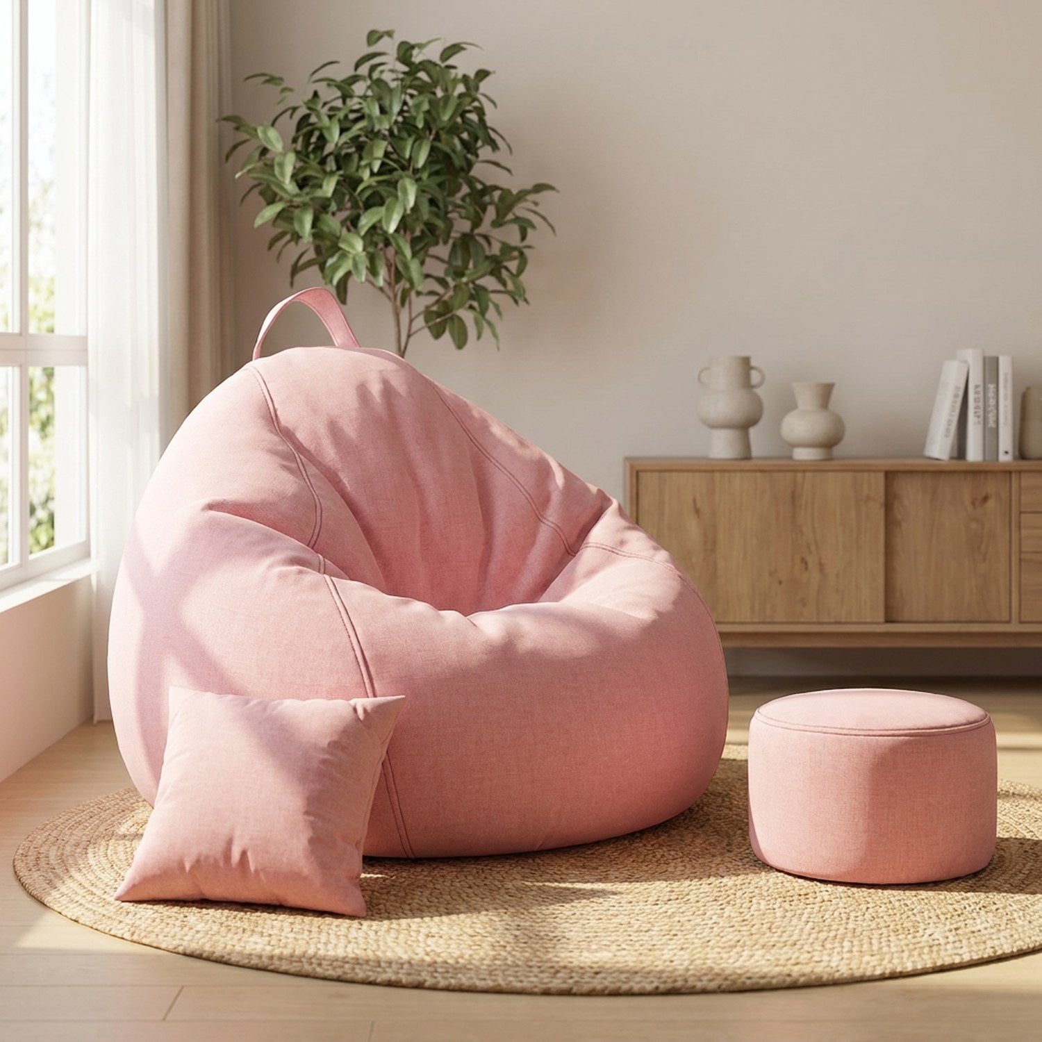Pouf géant fauteuil poire rose avec repose-pieds et coussin assortis