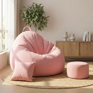 Pouf géant fauteuil poire rose avec repose-pieds et coussin assortis