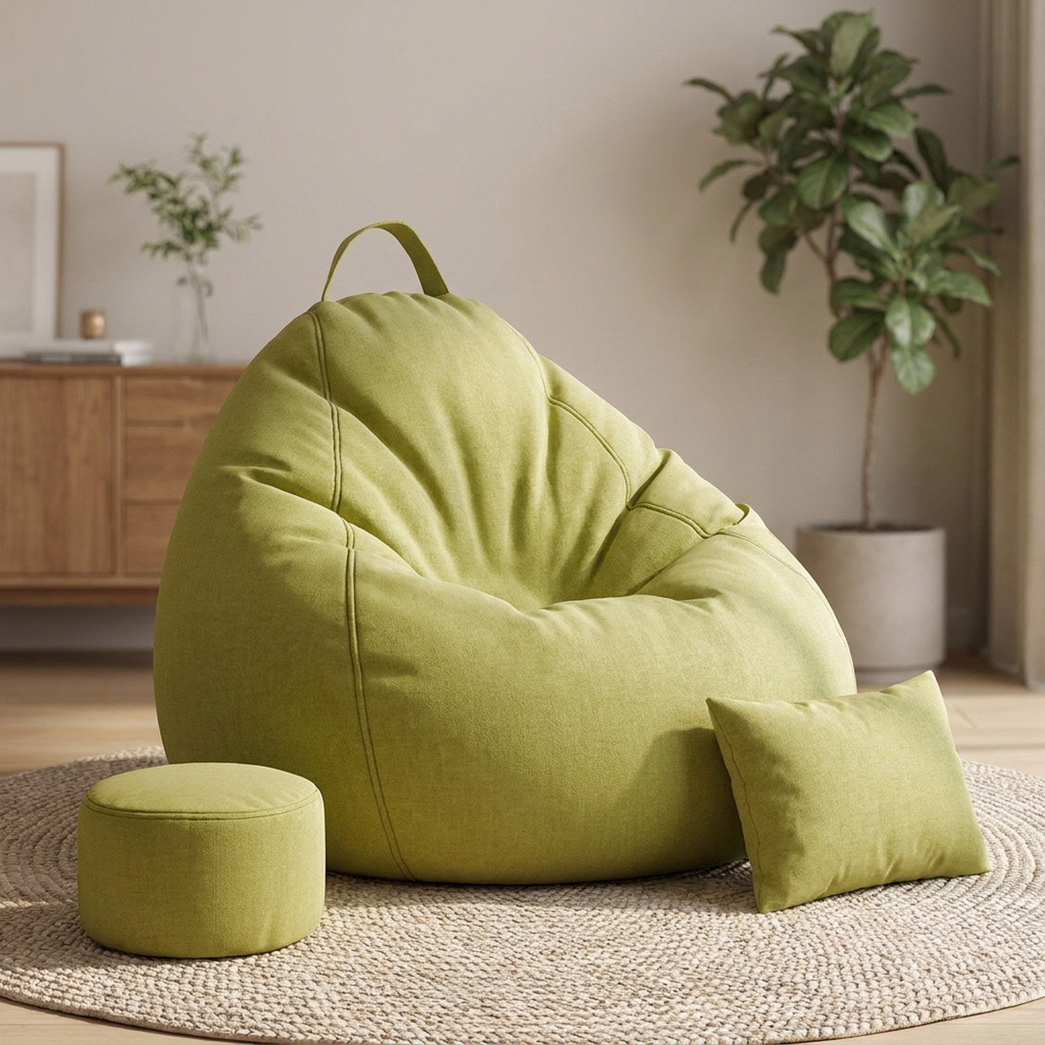 Pouf géant fauteuil poire vert avec repose-pieds et coussin assortis