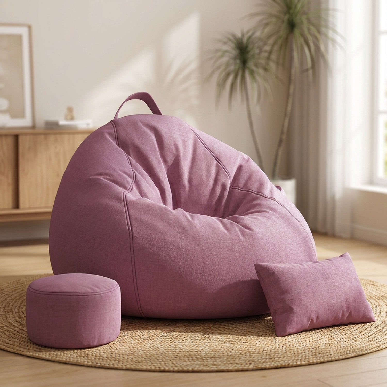 Pouf géant fauteuil poire violet avec repose-pieds et coussin assortis