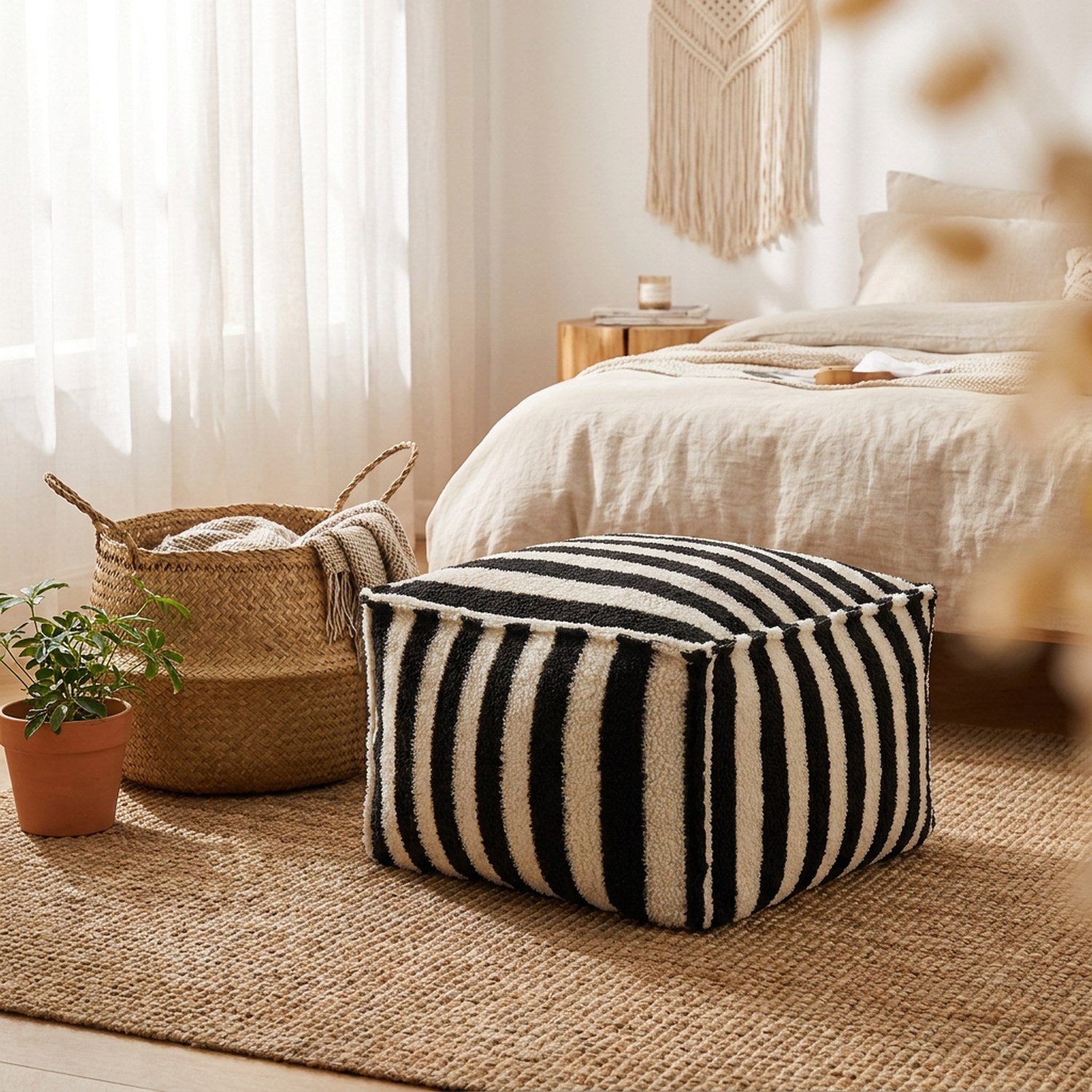 Pouf rayé noir dans une chambre bohème près d'un panier en osier et d'une plante