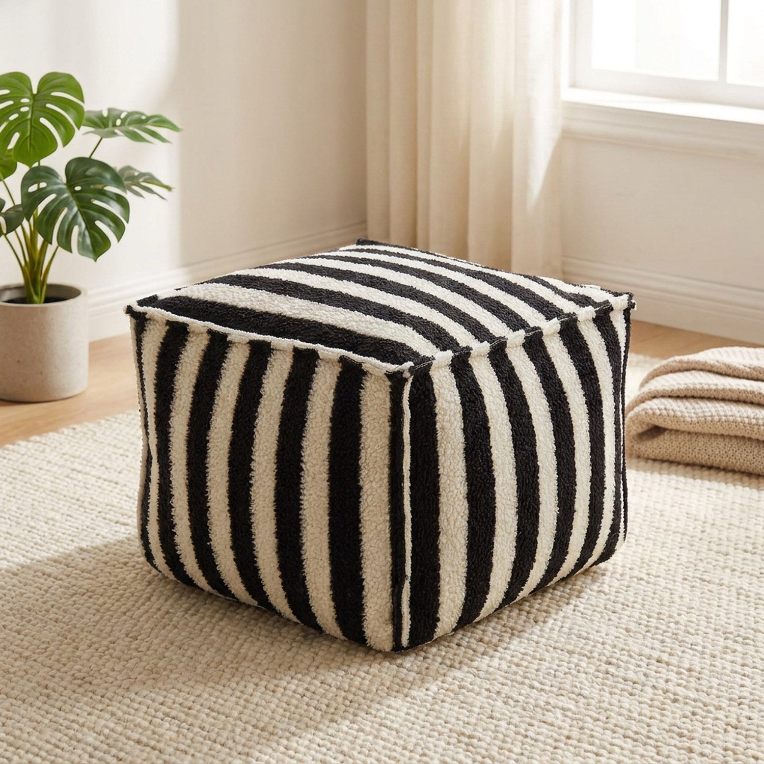 Pouf carré rayé noir et blanc effet laine d'agneau