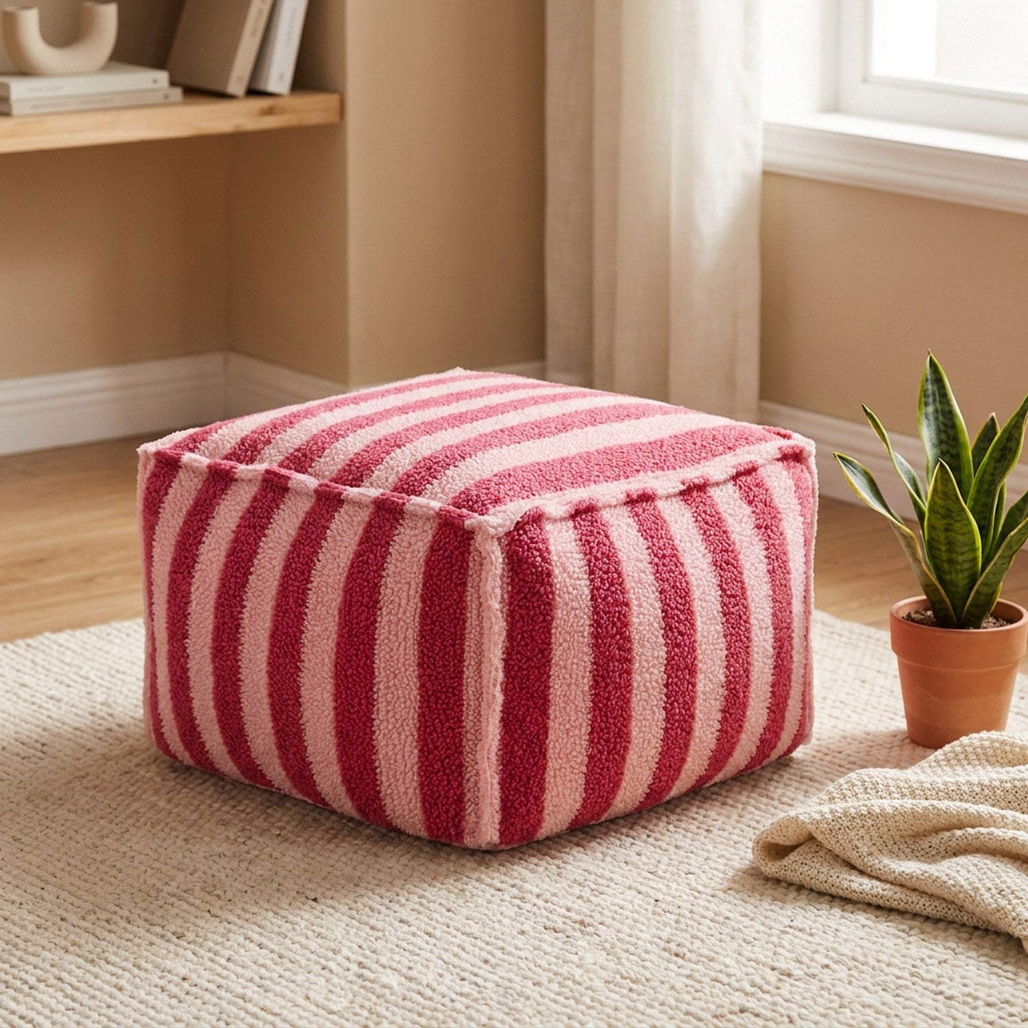 Pouf carré rayé rose foncé et rose pâle effet laine d'agneau