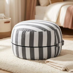 Pouf de rangement jouets à rayures grises et blanches
