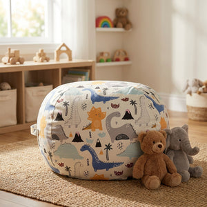 Pouf de rangement jouets à motif dinosaures dans une salle de jeux lumineuse