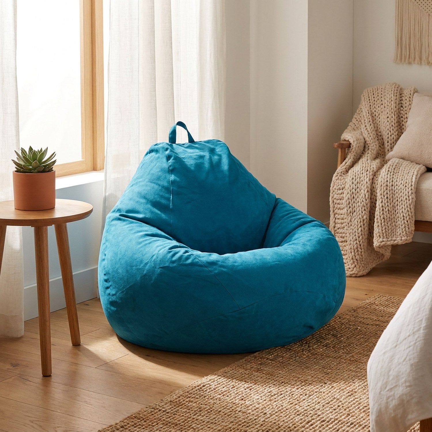 Pouf paresseux tatami bleu canard dans une chambre lumineuse près d'une fenêtre