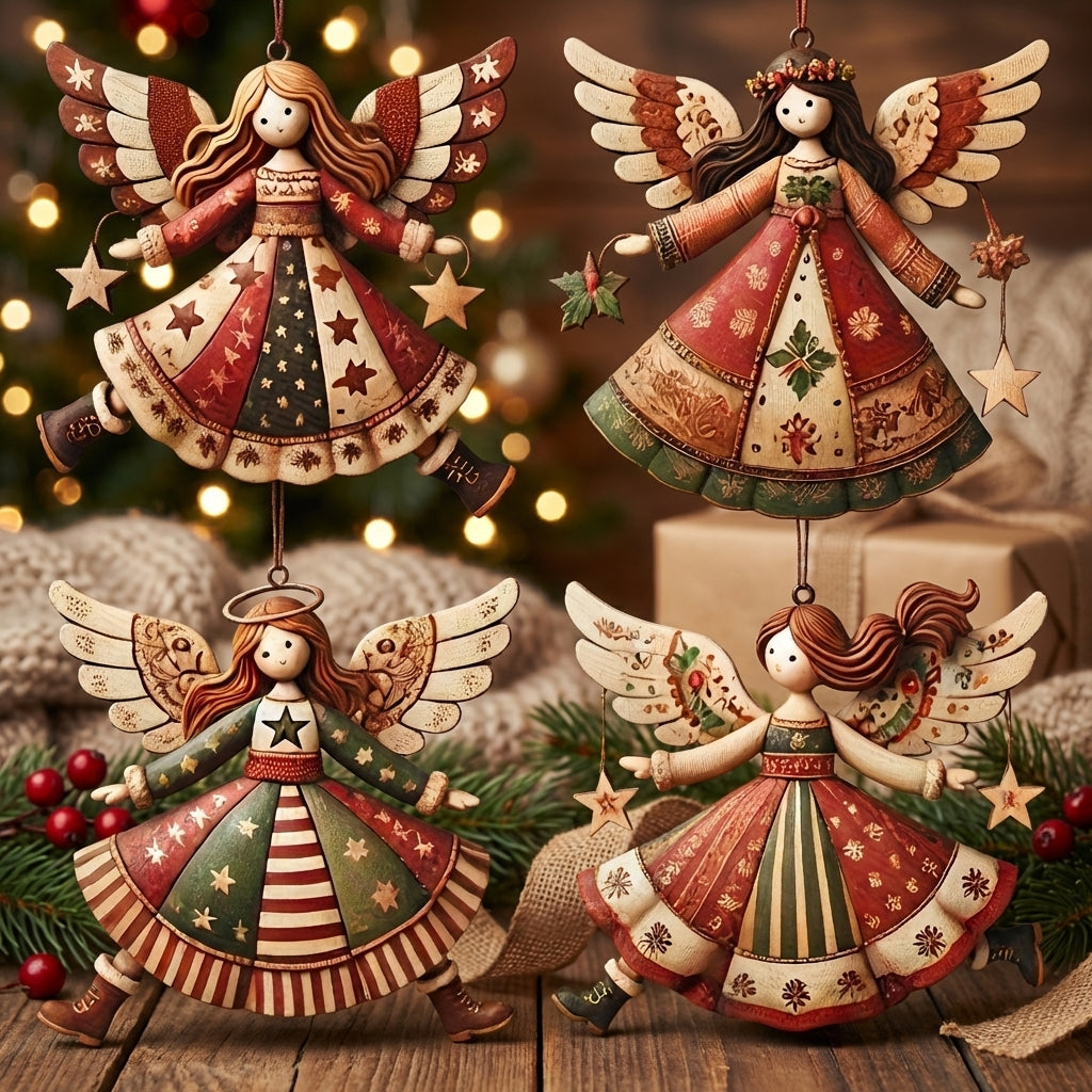 Quatre ornements de Noël anges en bois vintage suspendus sur sapin traditionnel