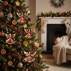 Déco de Noël lot de 4 ornements ange bois vintage sapin 8 10 cm en situation