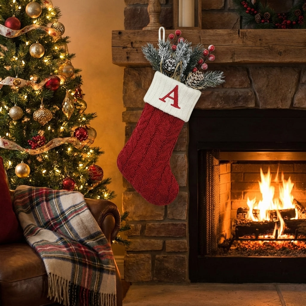 Déco de Noël chaussette tricot motifs flocons suspendre sapin en situation