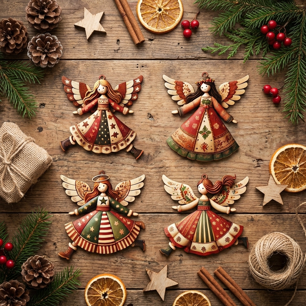 Déco de Noël lot de 4 ornements ange bois vintage sapin 8 10 cm en situation