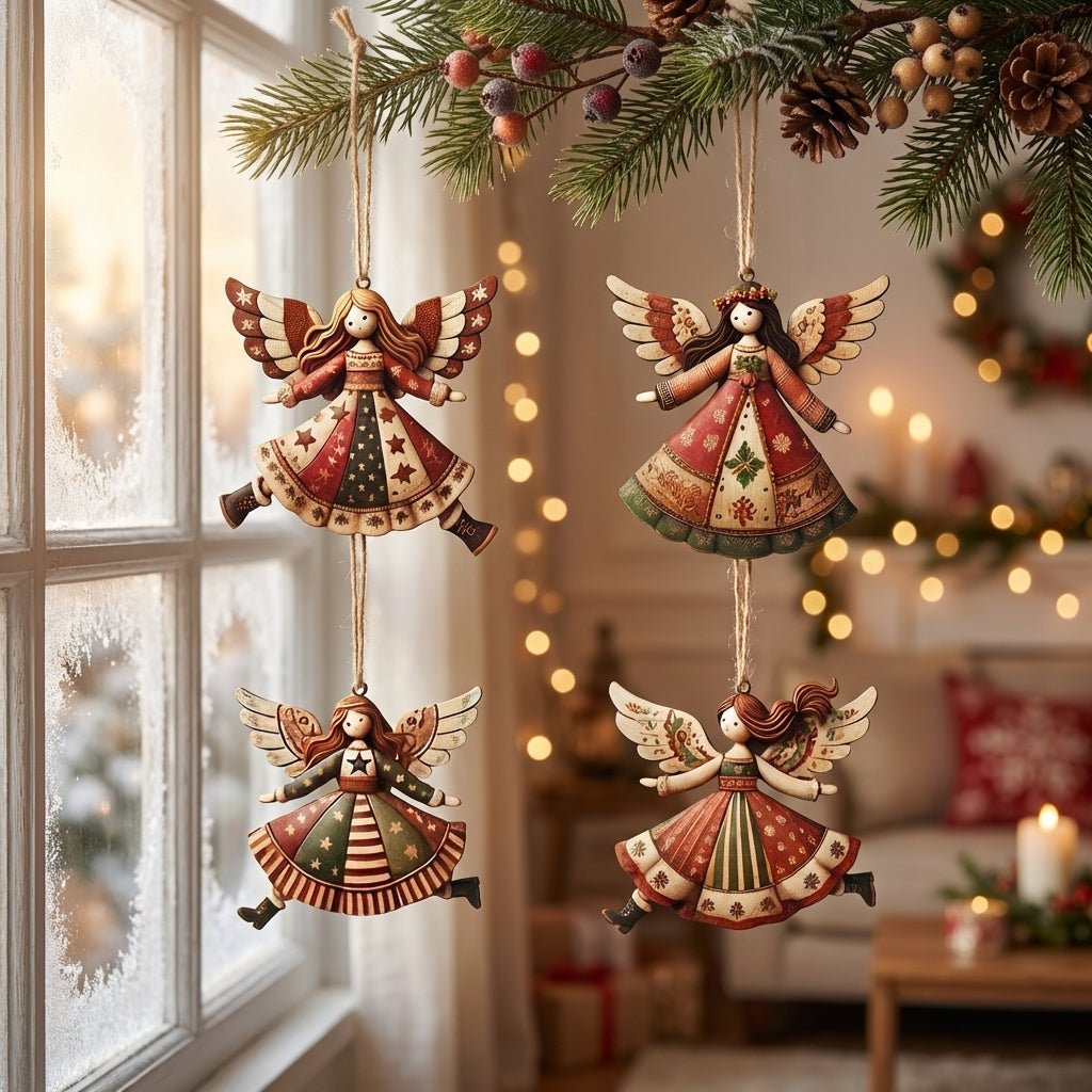 Déco de Noël lot de 4 ornements ange bois vintage sapin 8 10 cm en situation