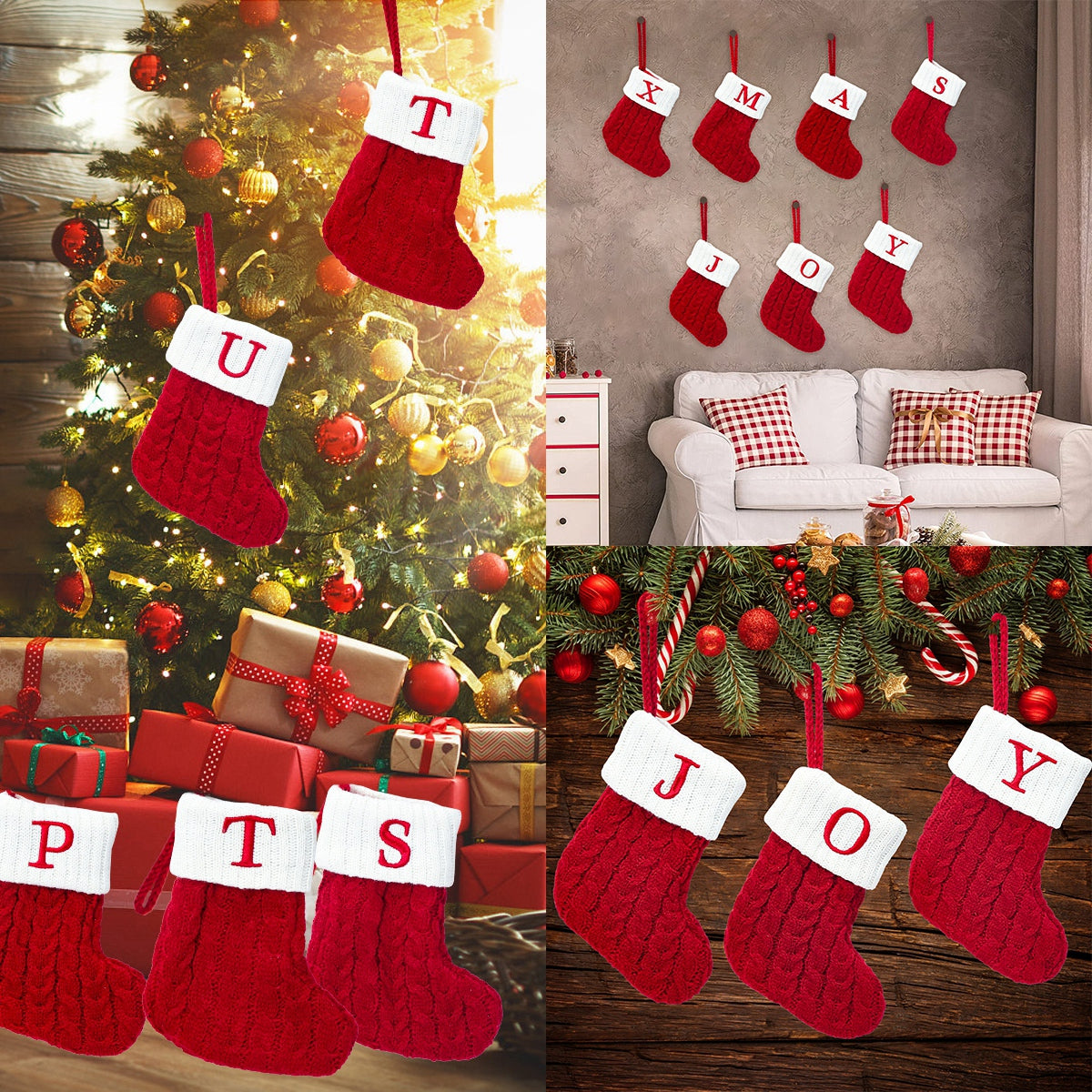 Chaussette de Noël en tricot blanc avec motifs flocons de neige pour décoration sapin