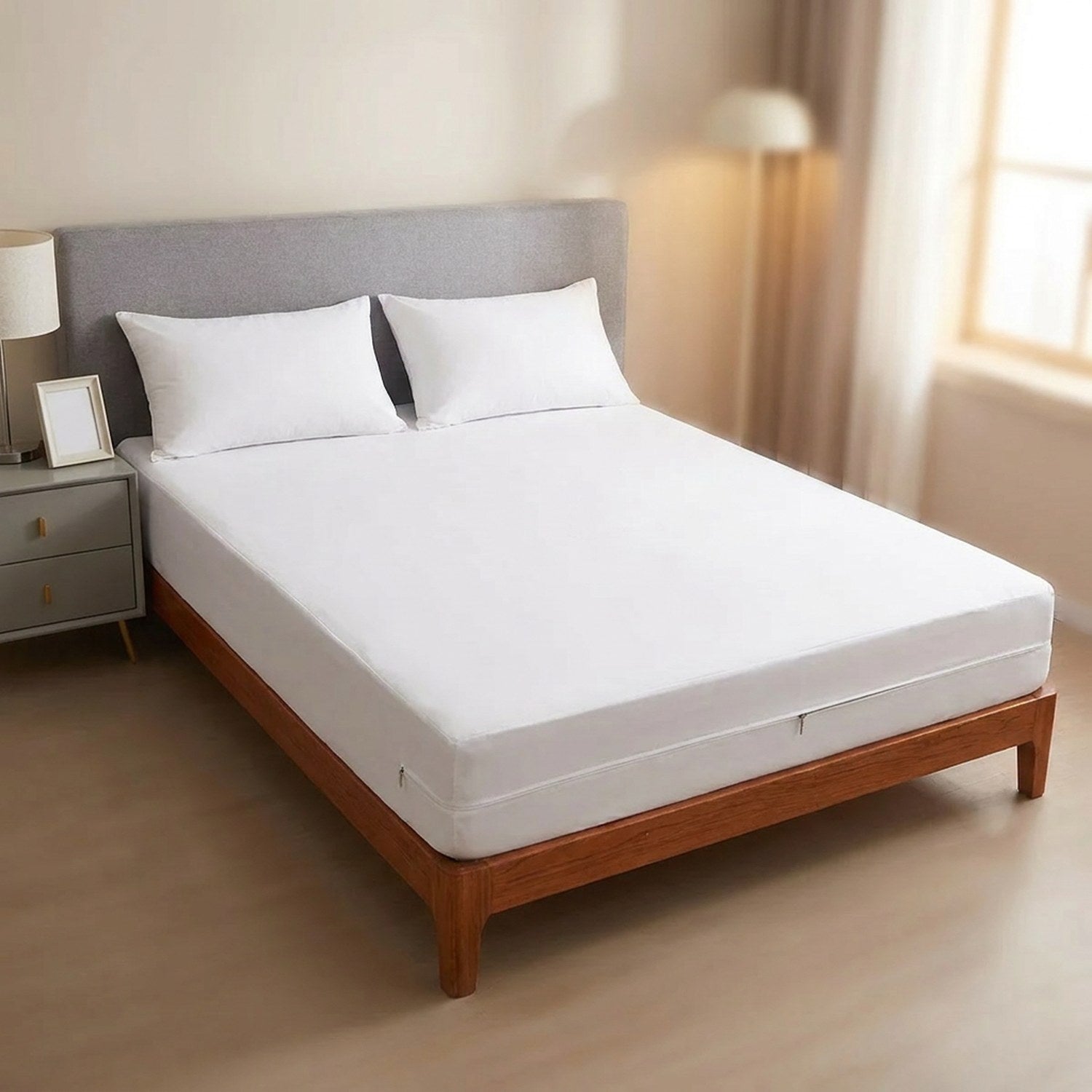 Protège-matelas imperméable coloris blanc sur un lit