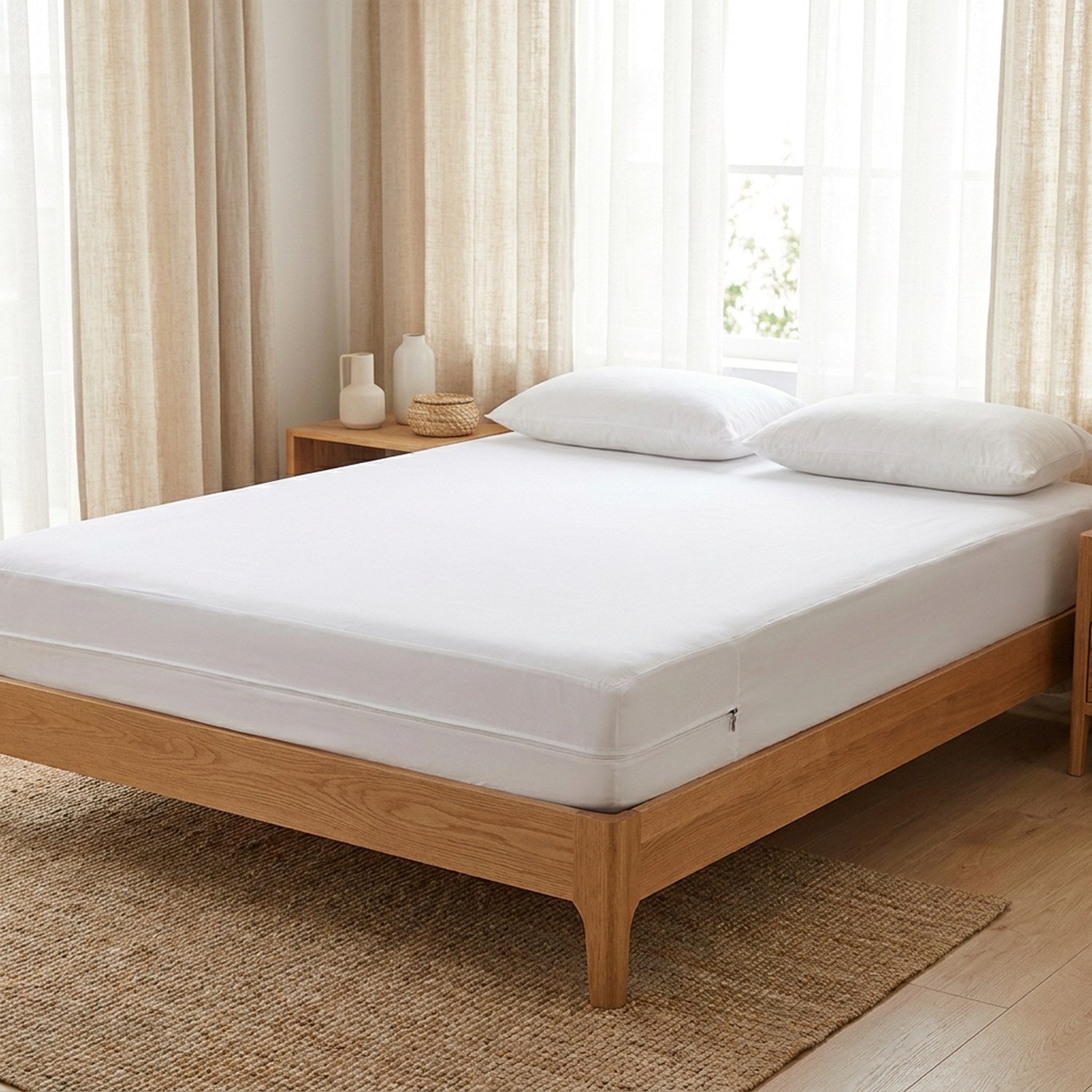 Protège-matelas blanc en place sur un lit dans une chambre scandinave lumineuse