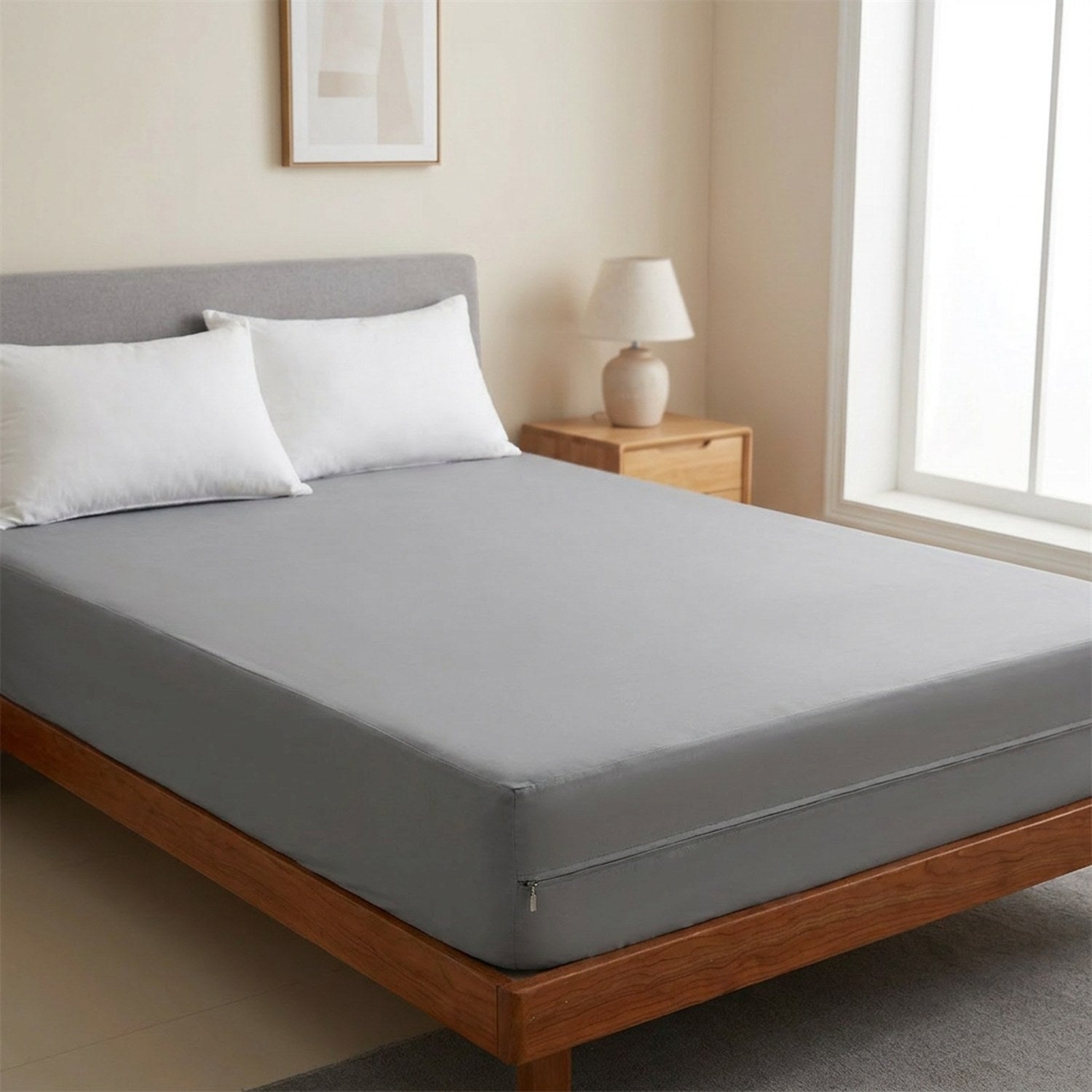 Protège-matelas imperméable coloris gris sur un lit