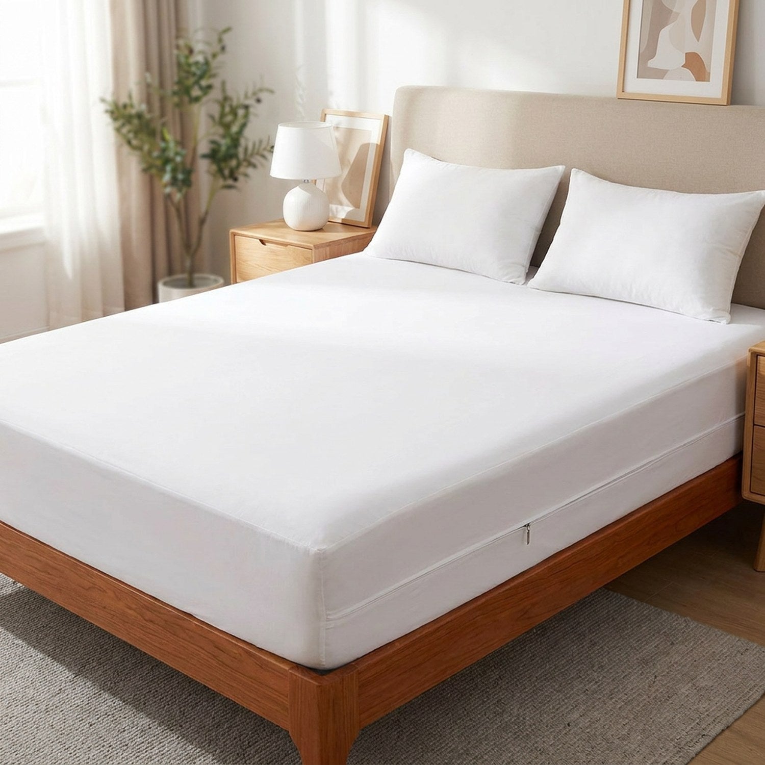 Protège-matelas imperméable blanc installé sur un matelas dans une chambre lumineuse