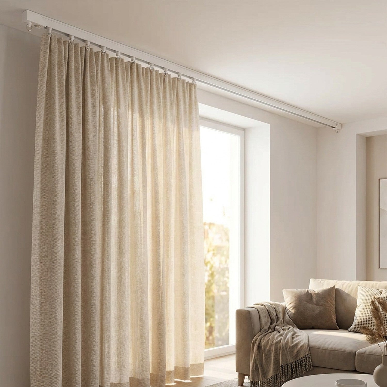 Rail de rideau blanc au plafond d'un salon avec un rideau beige