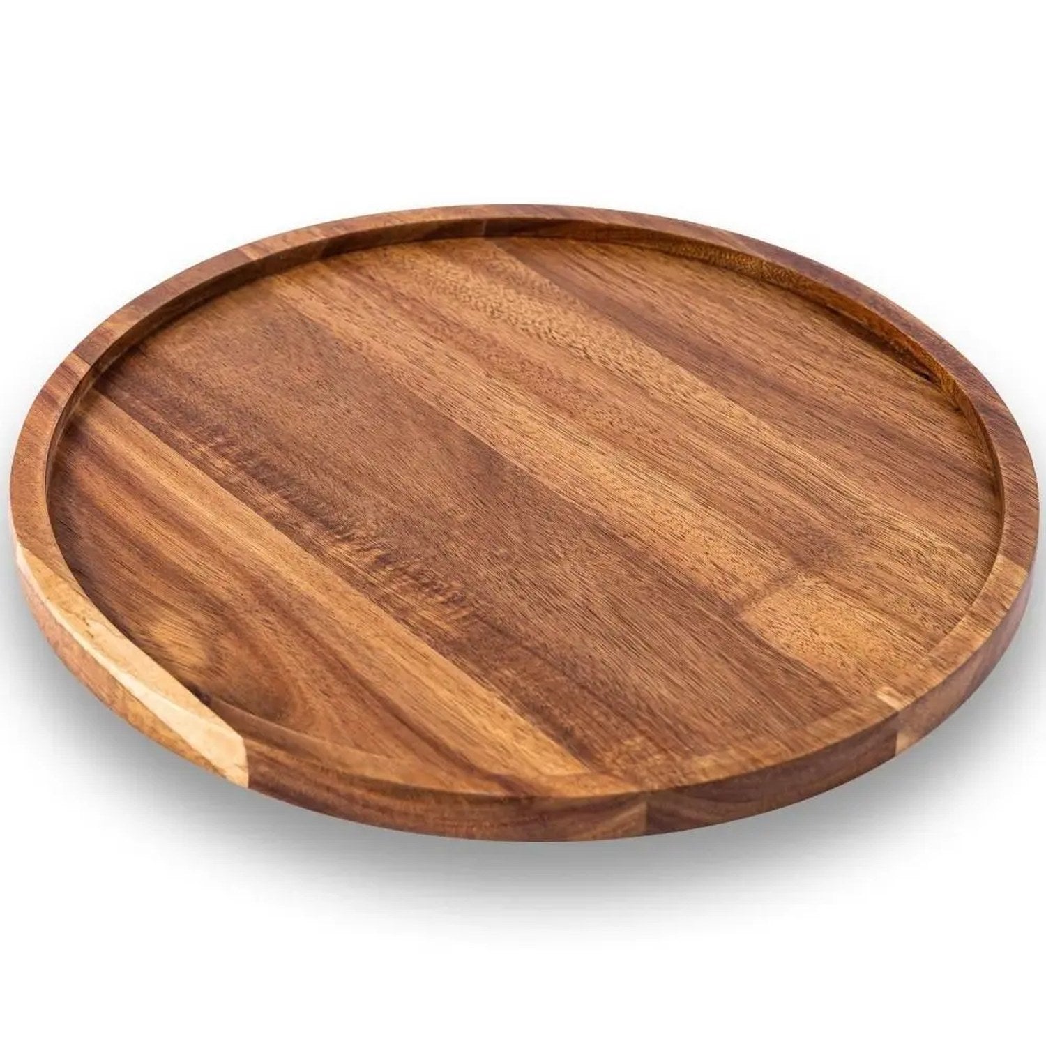 Plateau rond en bois d'acacia vu de trois quarts montrant le grain naturel