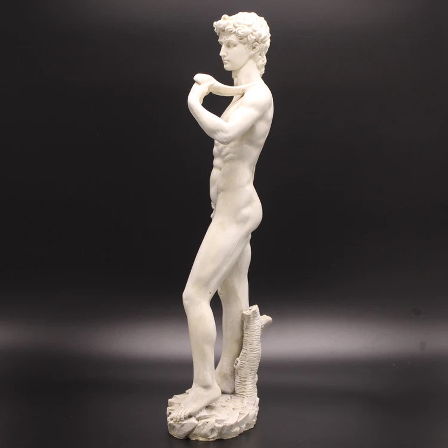 Statue du David de Michel-Ange vue de trois quarts sur fond sombre