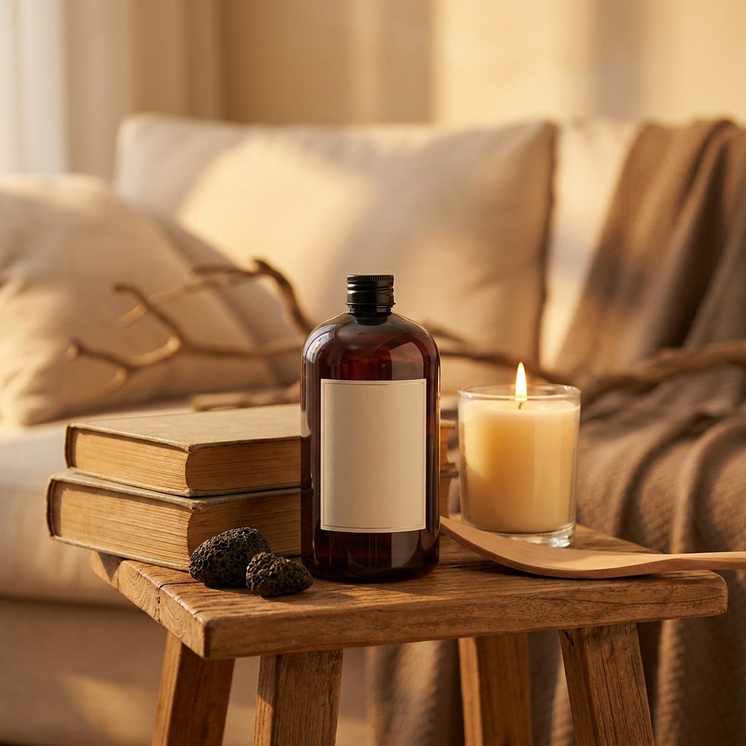 Bouteille recharge parfum diffuseur sur table d'appoint en bois avec livres et bougie allumée