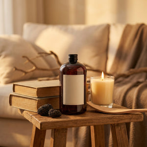Bouteille recharge parfum diffuseur sur table d'appoint en bois avec livres et bougie allumée