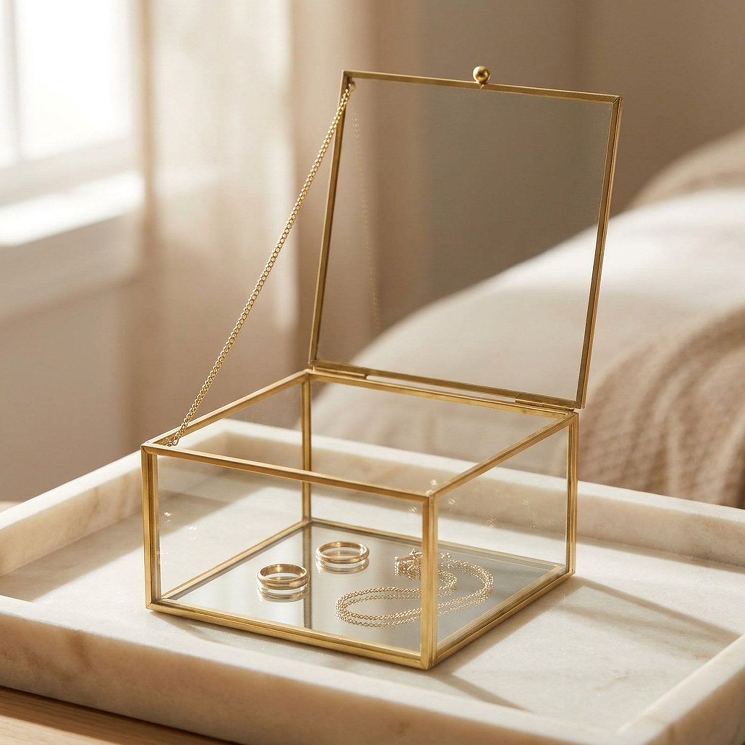 Boîte à bijoux carrée en verre transparent et laiton doré ouverte avec bagues et collier sur un plateau en marbre