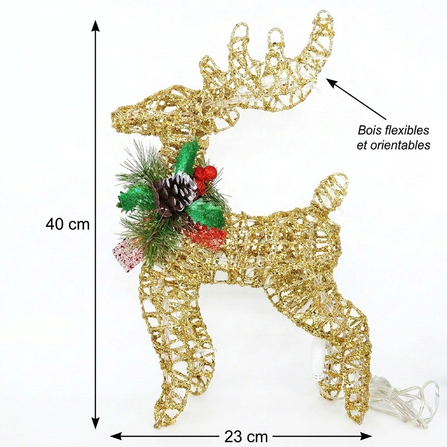 Dimensions renne de Noël doré 40 cm – H=40cm, L=23cm