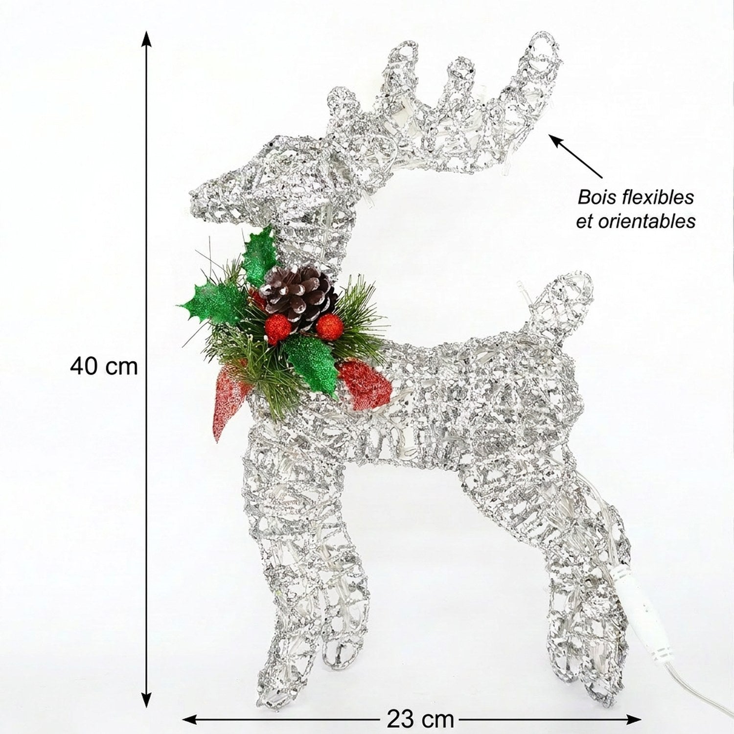 Dimensions renne de Noël argenté 40 cm – H=40cm, L=23cm