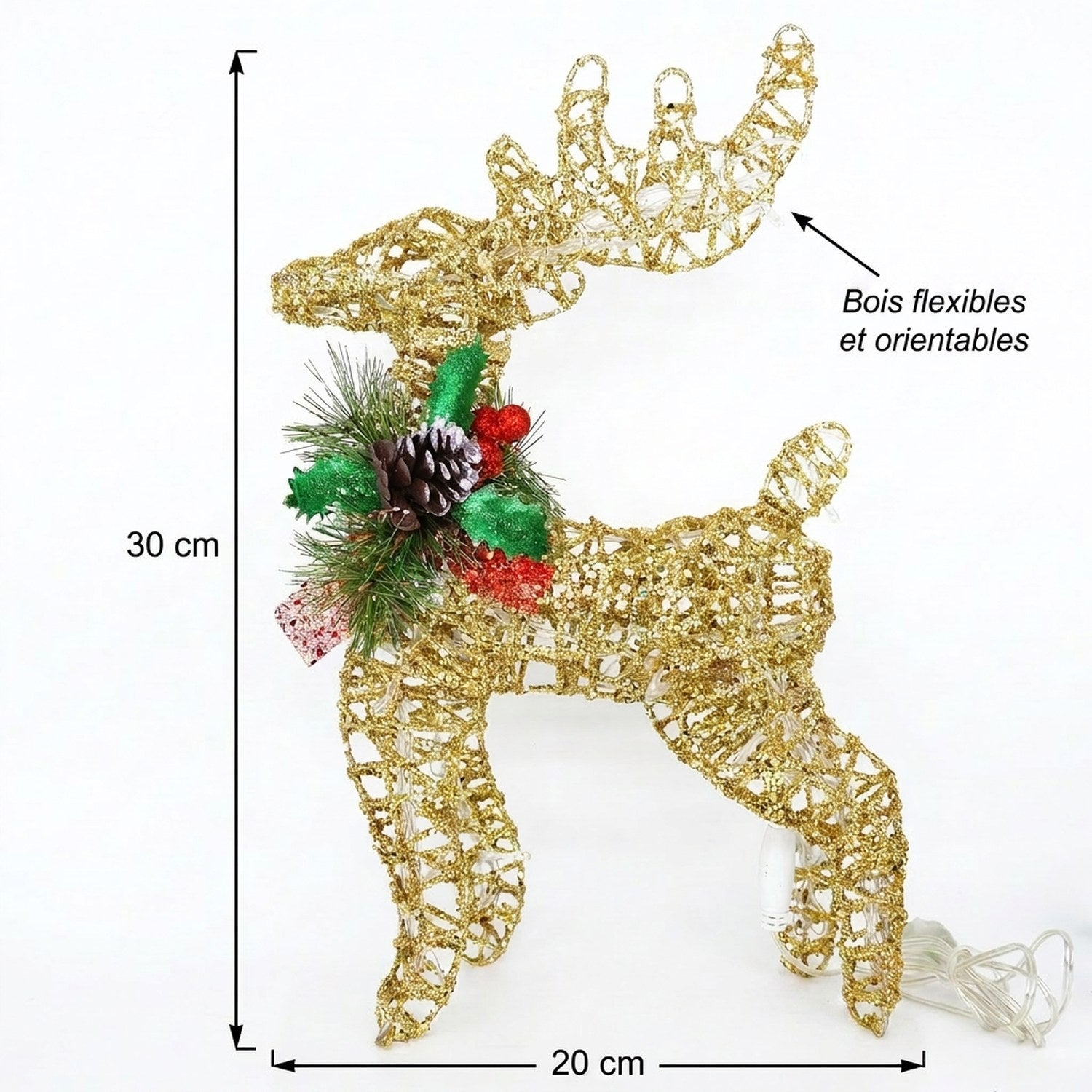 Dimensions renne de Noël doré 30 cm – H=30cm, L=20cm