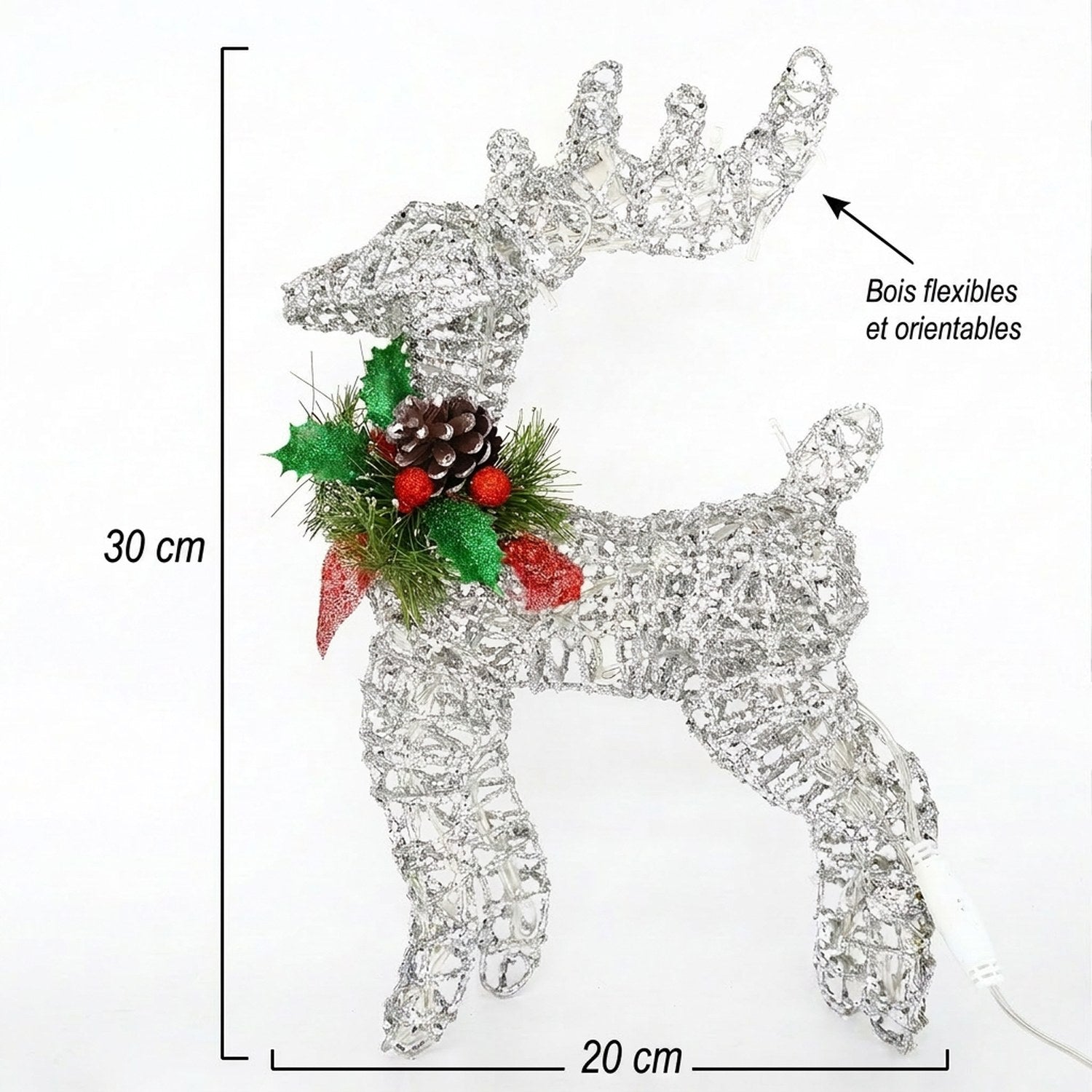 Dimensions renne de Noël argenté 30 cm – H=30cm, L=20cm