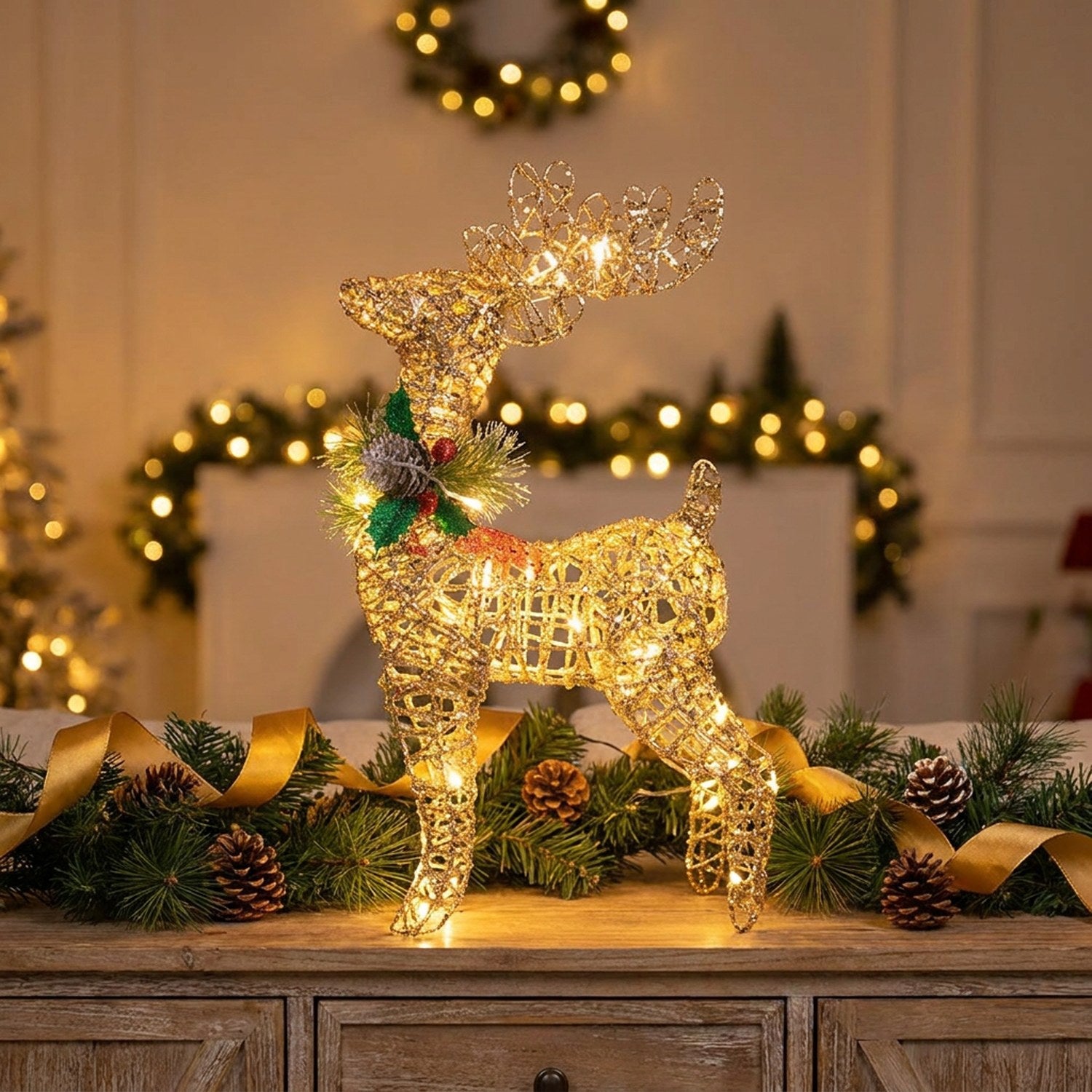 Renne de Noël doré en fil de métal sur meuble bois avec branches de sapin