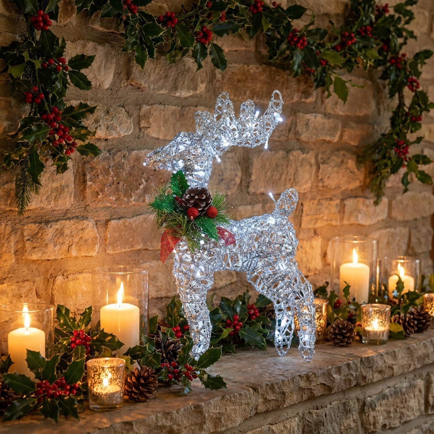 Renne de Noël argenté lumineux sur manteau de cheminée avec bougies
