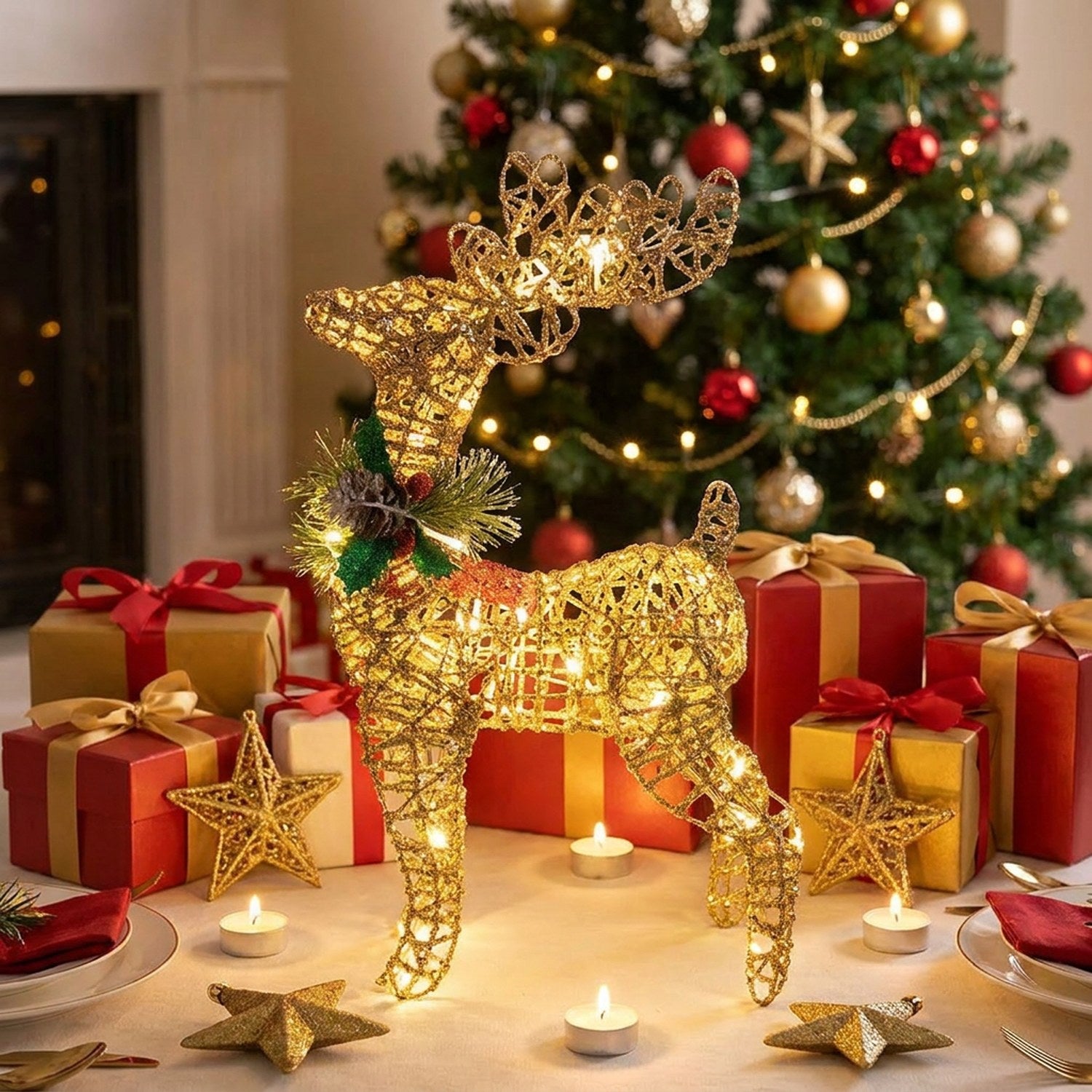 Renne de Noël doré sur table de fête avec cadeaux et décorations