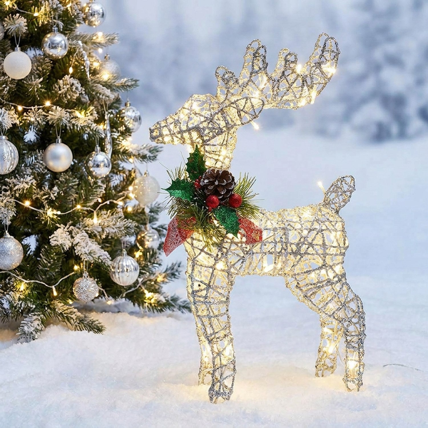 Renne de Noël argenté lumineux en fil de métal dans la neige