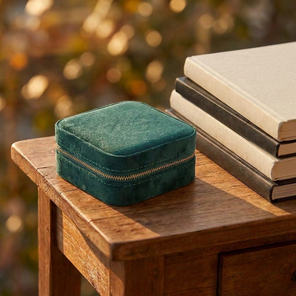 Boîte à bijoux velours vert foncé fermée sur table en bois avec livres lumière dorée