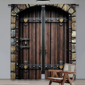 Vue complète du rideau à motif de porte en bois vintage sur fond gris
