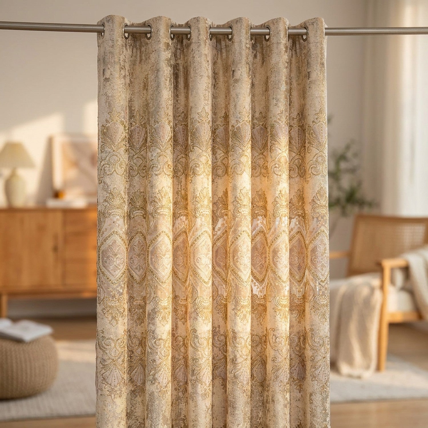 Rideau en chenille brodé beige aux plis élégants dans un salon ensoleillé