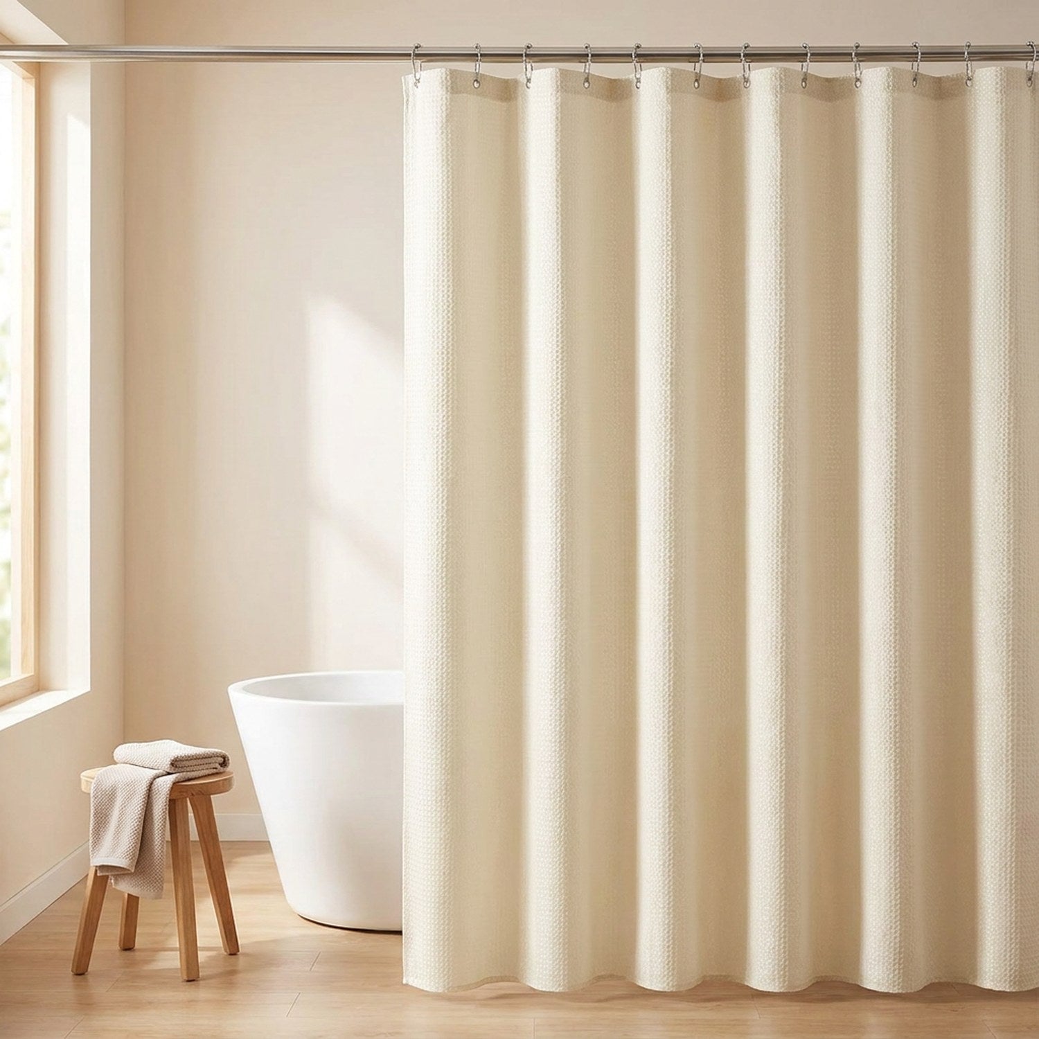 Rideau de douche coloris beige suspendu dans une salle de bain
