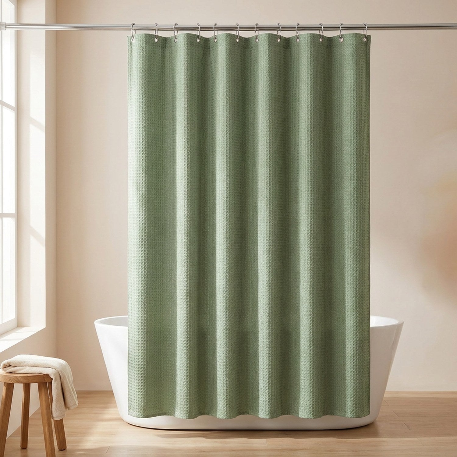 Rideau de douche coloris vert sauge suspendu dans une salle de bain