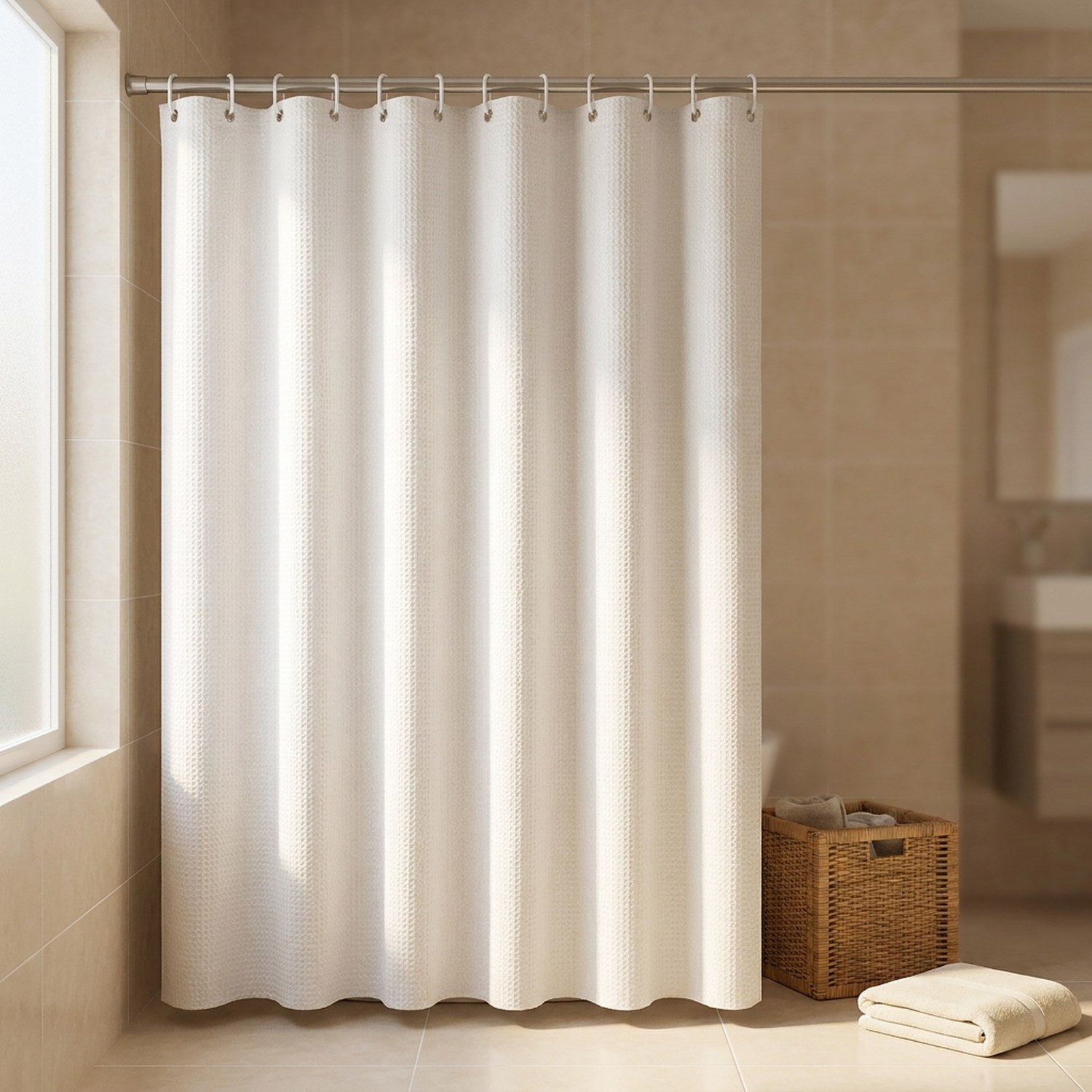 Rideau de douche blanc suspendu dans une salle de bain familiale claire