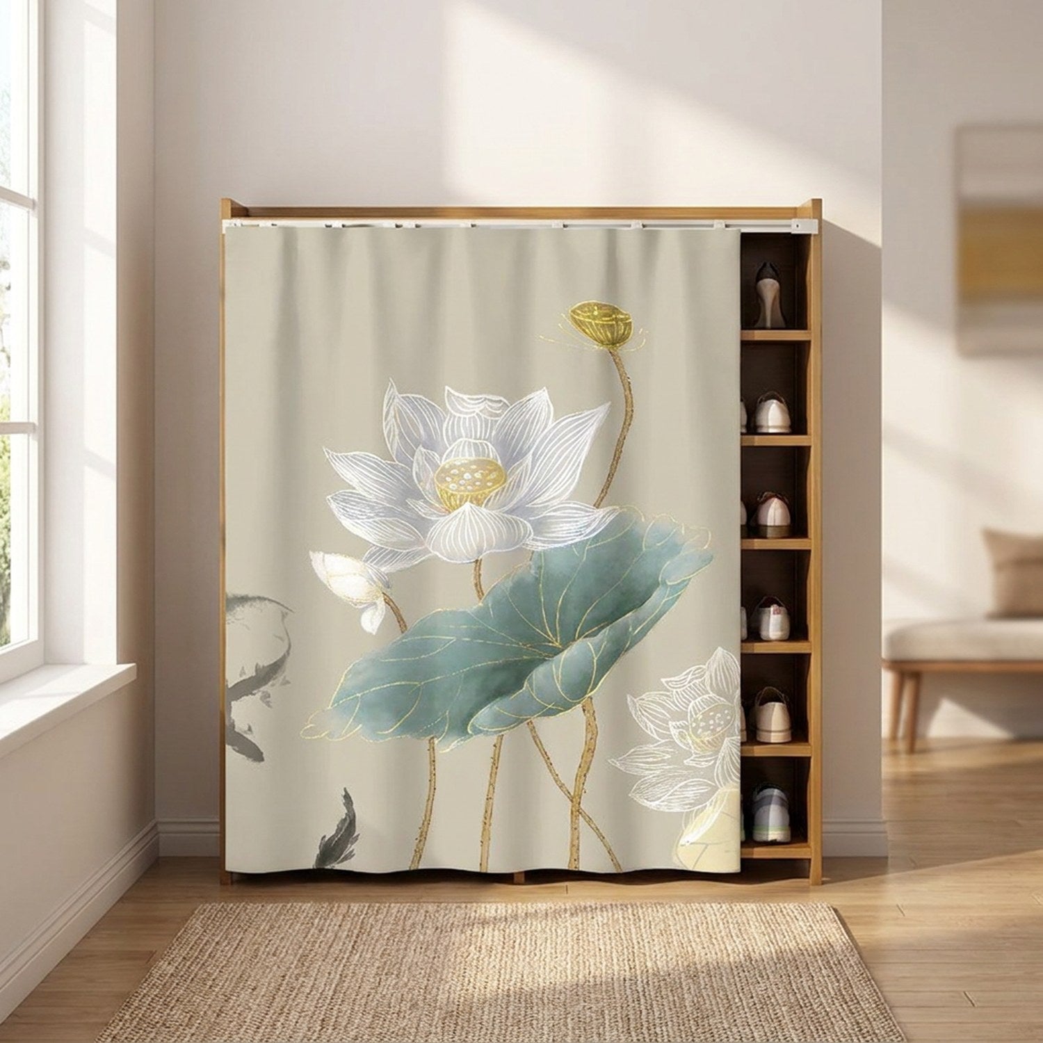 Rideau à motif lotus devant une armoire à chaussures dans une entrée cosy