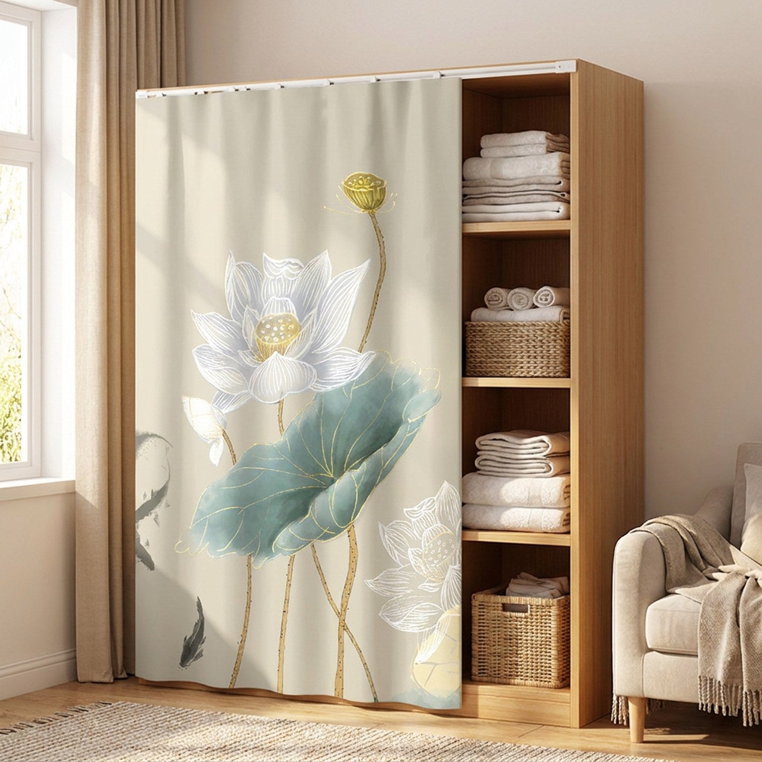 Rideau à motif lotus devant un rangement avec serviettes pliées près d'un fauteuil